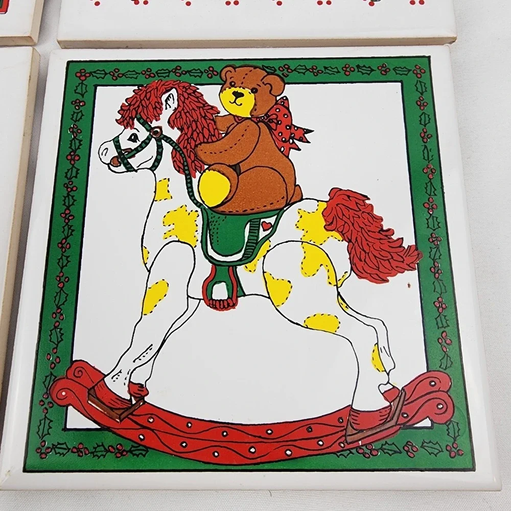 Vintage Christmas Goose Tree Bear Trivet Set Of 4‎ Country Decor Ceramic Coaster